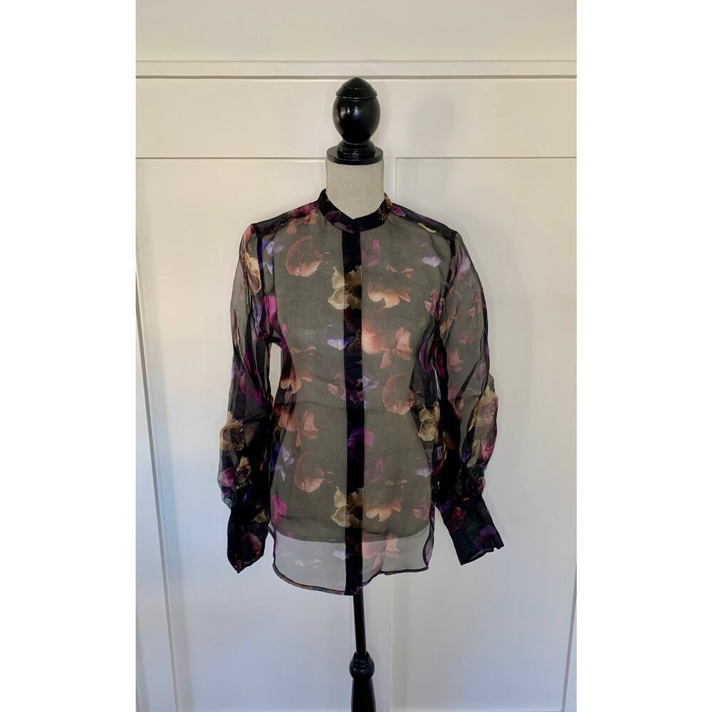 Equipment Boleyn Sheer Blouse Top in True Black Multi Medium Floral Chiffon Silk